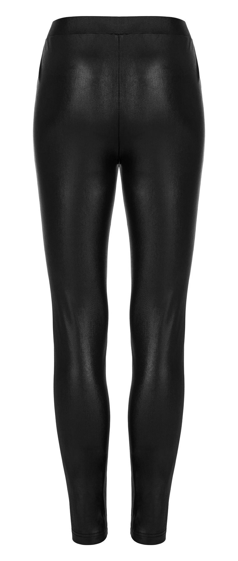 Back view of black high-waist leggings featuring glossy fabric for a chic goth style.