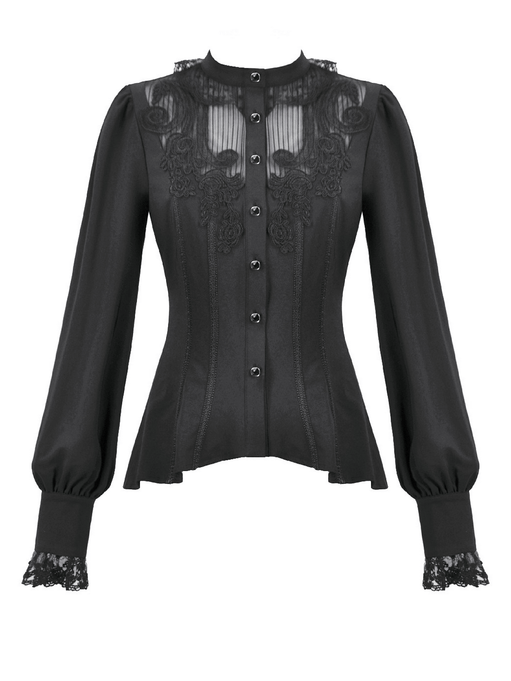 Lace Detail Victorian-Inspired Long Sleeve Black Blouse with button-up design and lace accents on shoulders and cuffs.