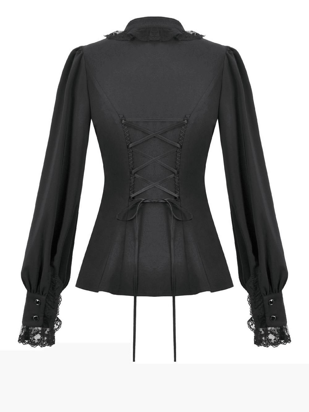 Lace Detail Victorian-Inspired Long Sleeve Black Blouse with button-up and lace accents on cuffs.