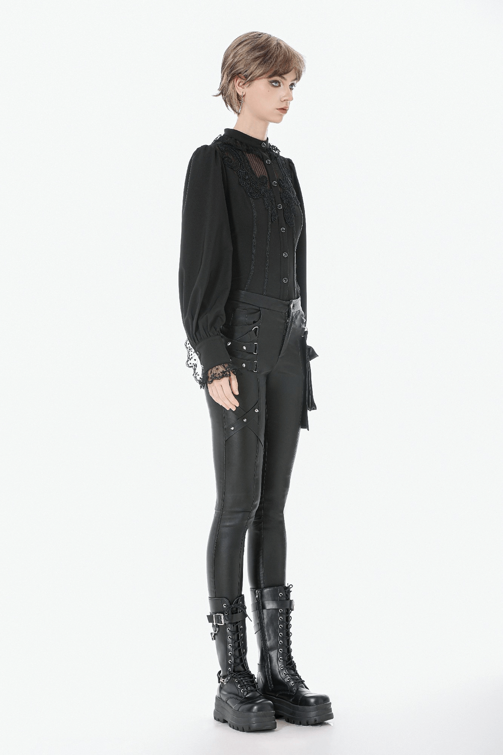 Lace Detail Victorian-Inspired Long Sleeve Black Blouse worn with black leather pants and chunky boots.