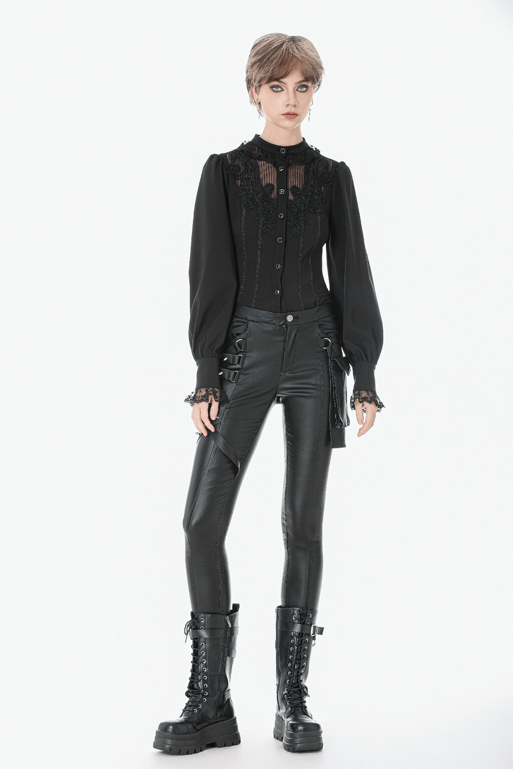Lace Detail Victorian-Inspired Long Sleeve Black Blouse worn with stylish black pants and boots.