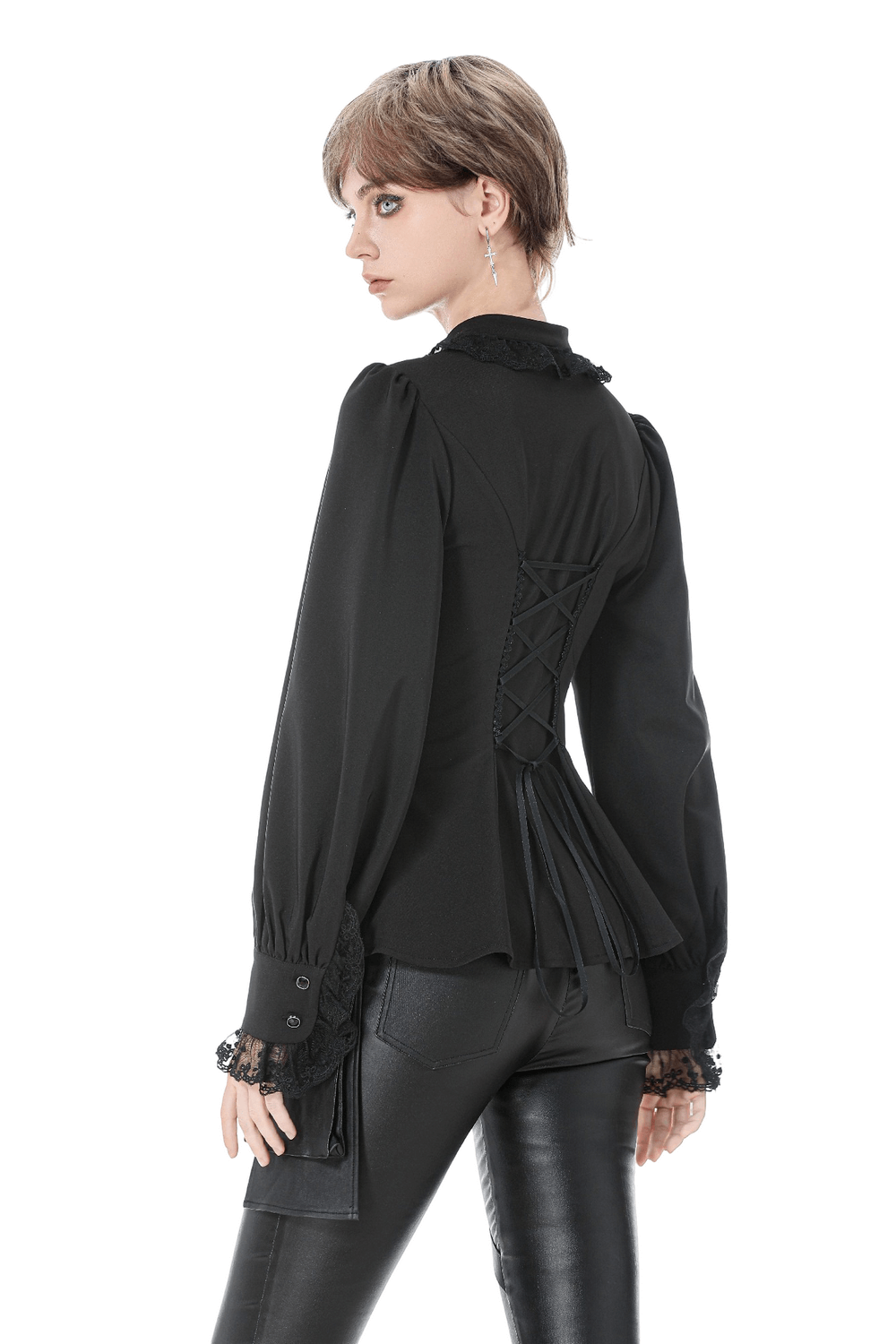 Lace Detail Victorian-Inspired Long Sleeve Black Blouse showcasing elegant back lacing and structured fit.