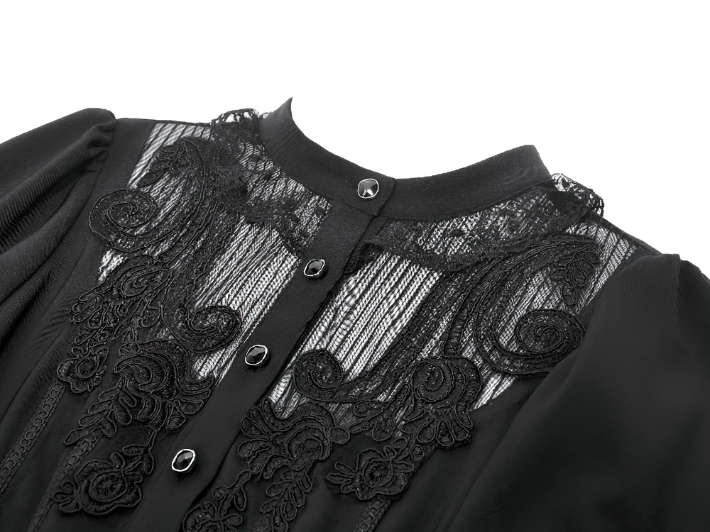 Lace Detail Victorian-Inspired Long Sleeve Black Blouse with elegant lace and button-up design.