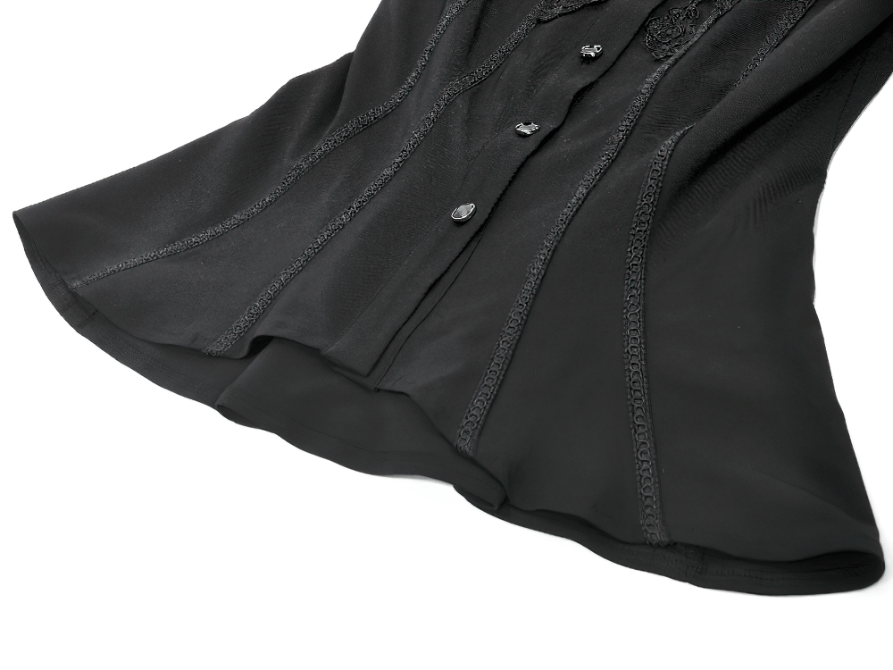 Lace Detail Victorian-Inspired Long Sleeve Black Blouse showcasing button-up design and elegant lace details.