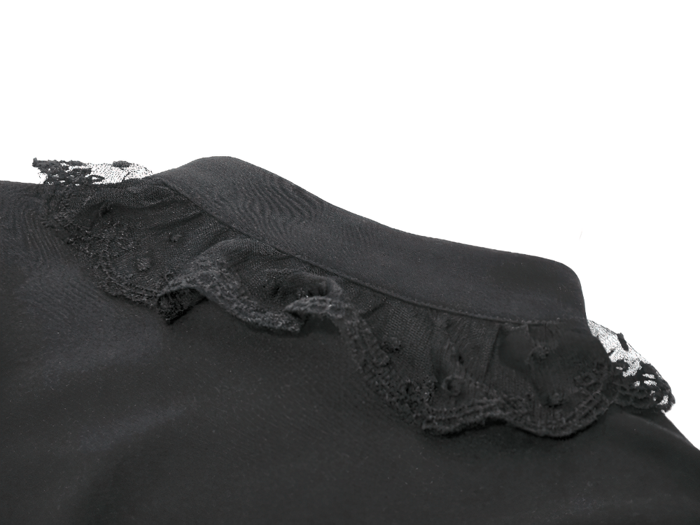 Close-up of lace detail on the shoulder of a Lace Detail Victorian-Inspired Long Sleeve Black Blouse.