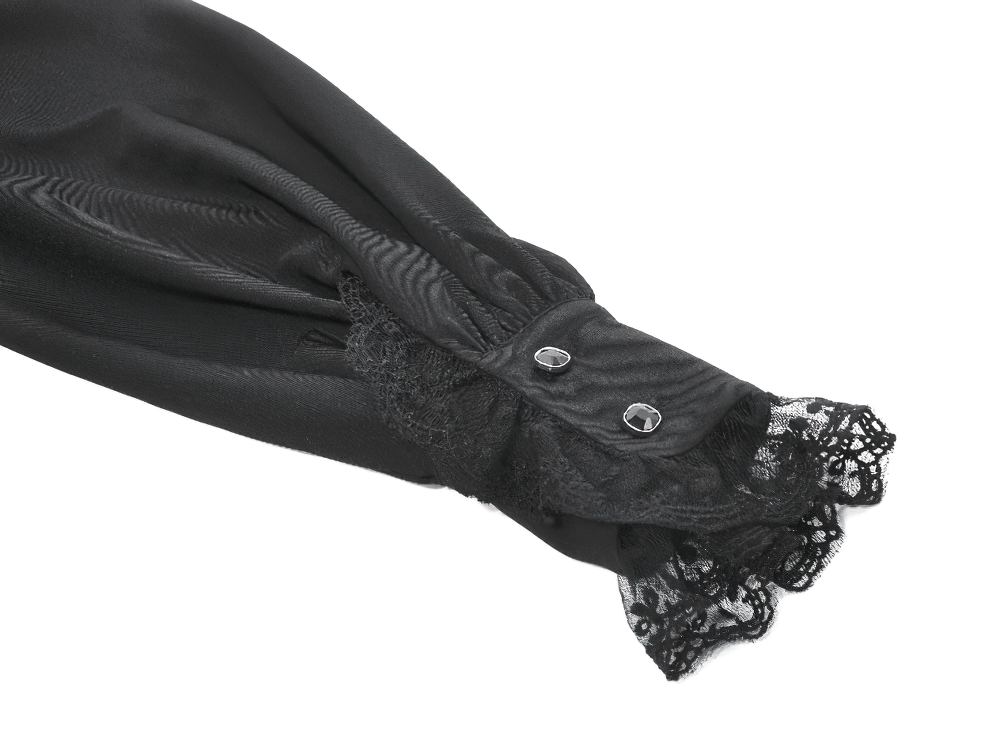 Lace Detail Victorian-Inspired Long Sleeve Black Blouse sleeve featuring lace and button details.