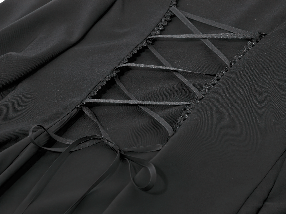 Lace Detail Victorian-Inspired Long Sleeve Black Blouse close-up of lace design and ribbons.