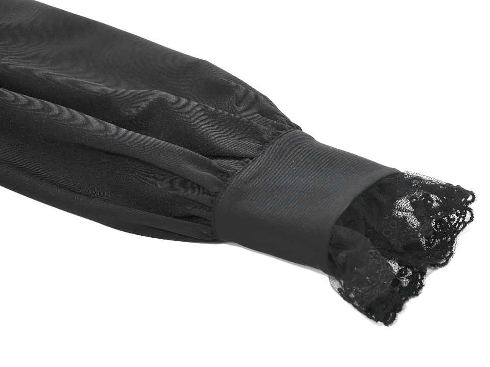 Lace Detail Victorian-Inspired Long Sleeve Black Blouse sleeve featuring delicate lace trim.