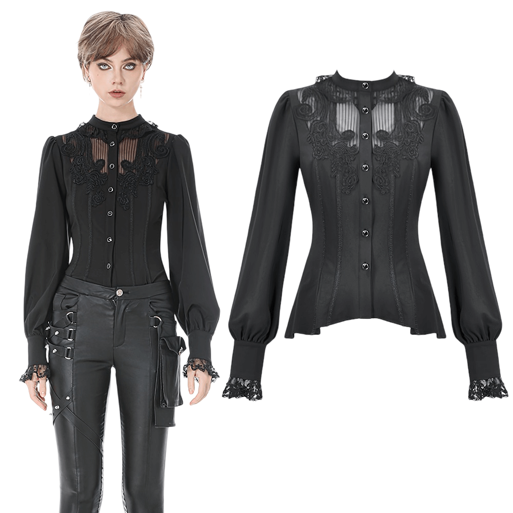 Lace Detail Victorian-Inspired Long Sleeve Black Blouse featuring lace and button-up design for gothic elegance.