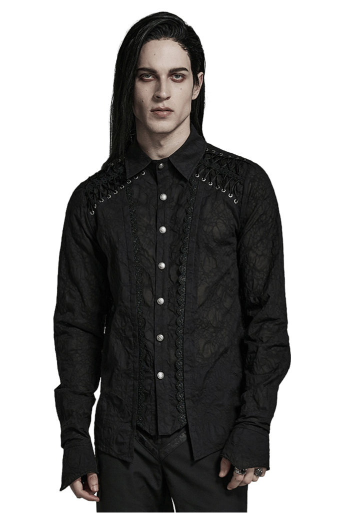 Victorian-inspired Gothic button-up shirt with lace detail, featuring unique drawstrings and elegant texture.