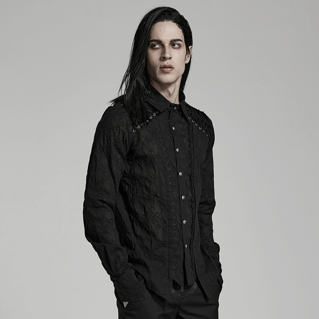 Lace-detailed gothic tailored shirt with split design, perfect for Victorian-inspired elegance and daily wear.