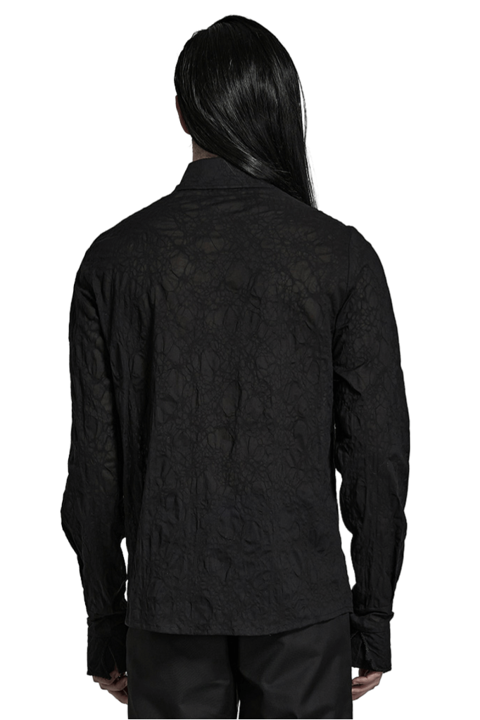 Back view of a Lace-Detailed Gothic Button-Up Shirt featuring textured fabric and tailored fit.
