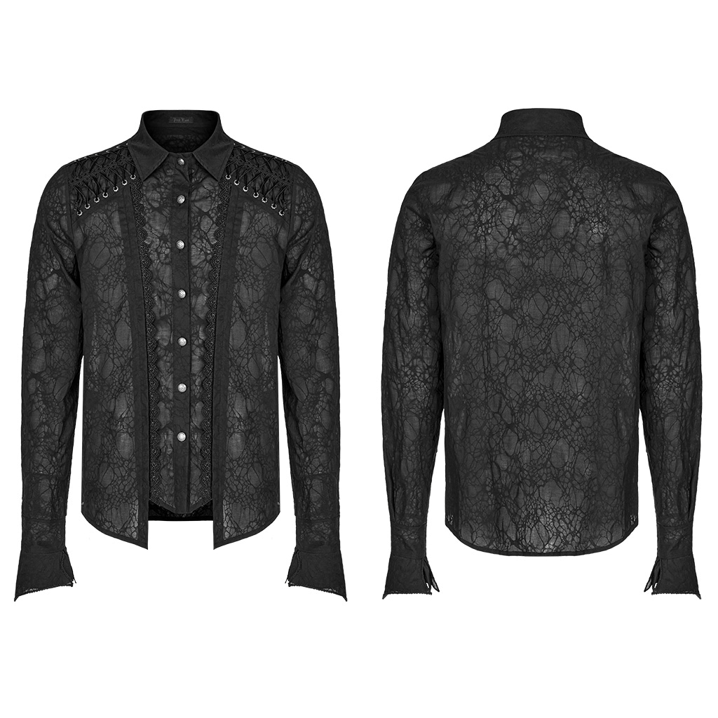 Victorian-inspired gothic button-up shirt with lace trim and unique drawstrings, perfect for daily elegance.
