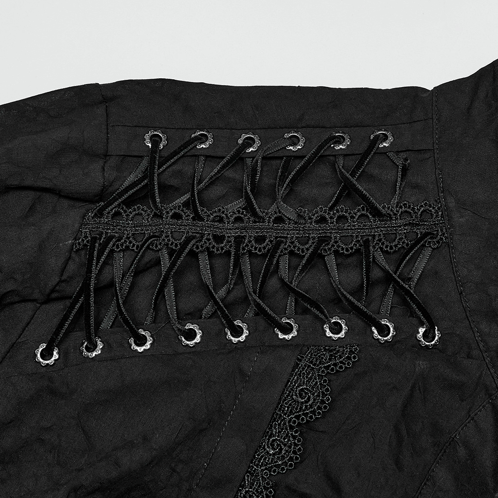 Close-up of lace detailing and drawstring design on a gothic tailored shirt, showcasing Victorian elegance.
