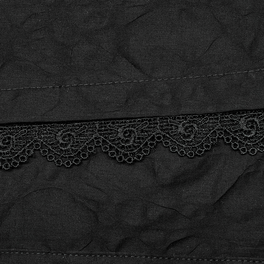 Close-up of intricate black lace trim on textured fabric, showcasing gothic elegance and Victorian-inspired design.