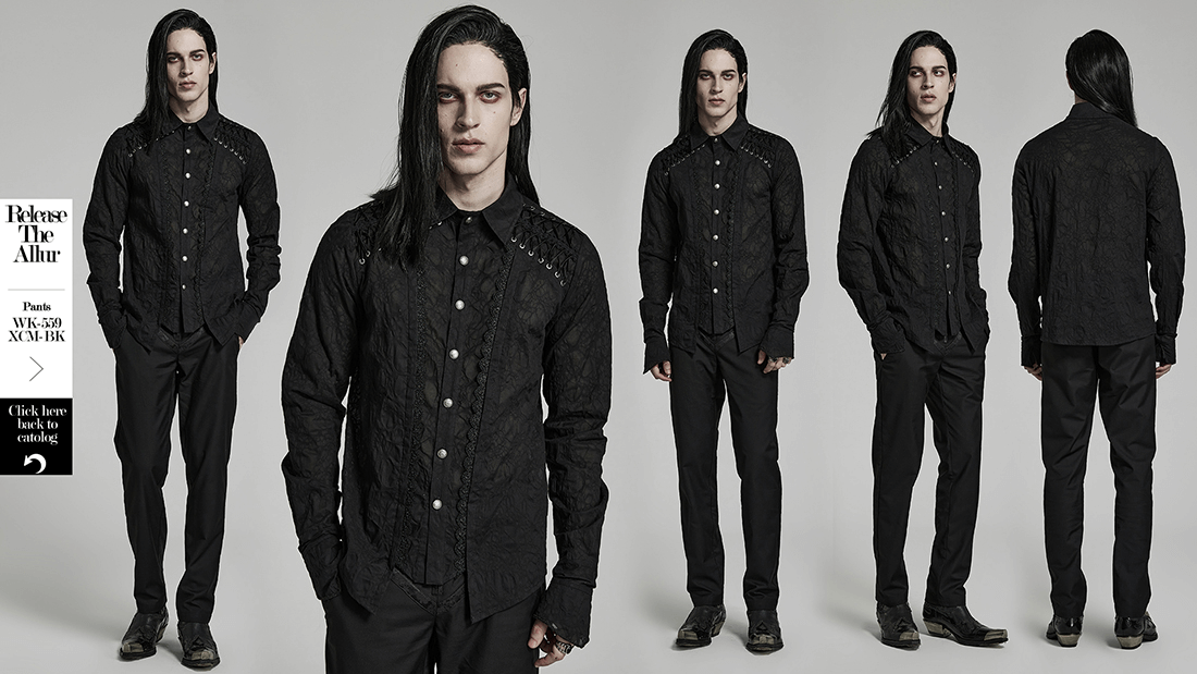 Lace-detailed gothic button-up tailored shirt on model, showcasing Victorian-inspired elegance with unique drawstrings.