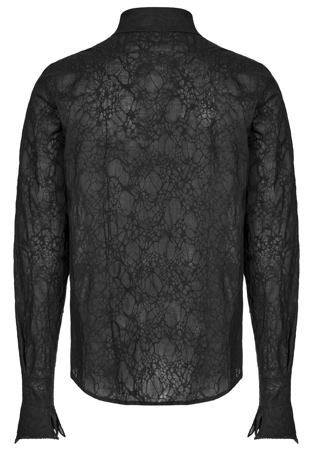 Back view of a lace-detailed gothic button-up shirt in black, showcasing intricate lace patterns and tailored design.