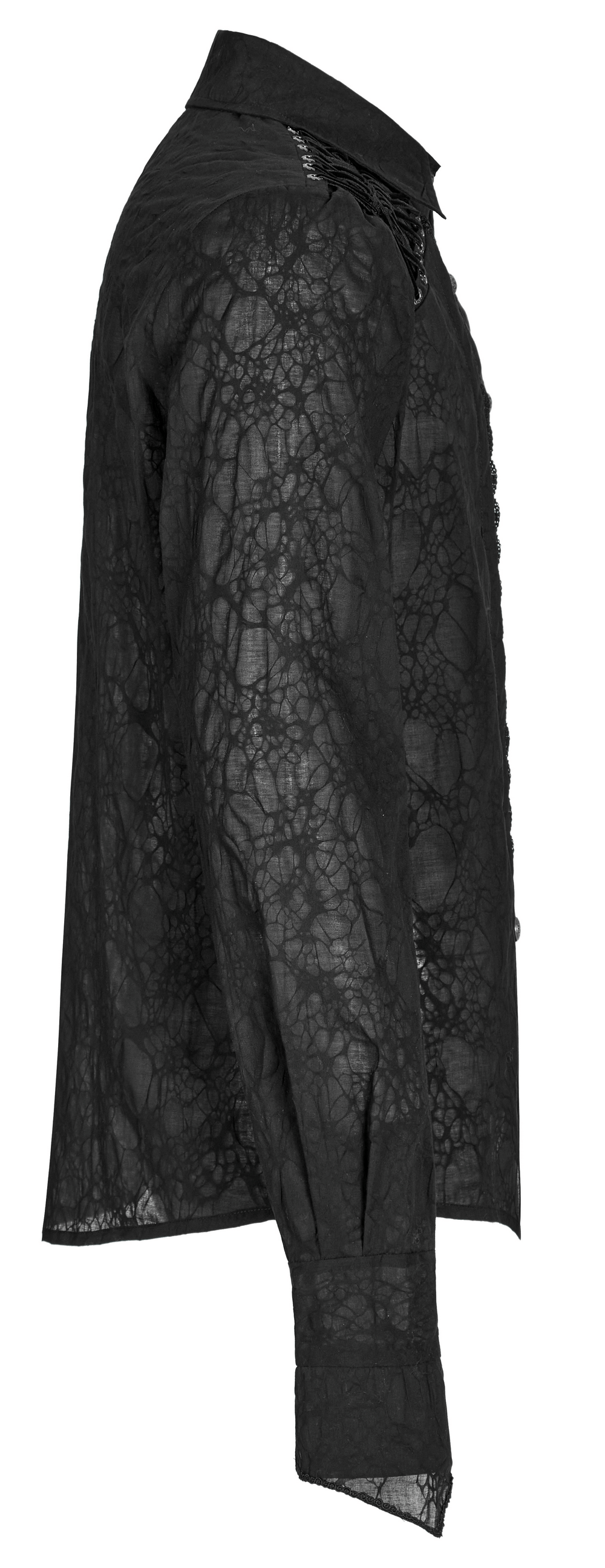 Side view of a lace-detailed Gothic button-up tailored shirt, showcasing exquisite Victorian-inspired design.