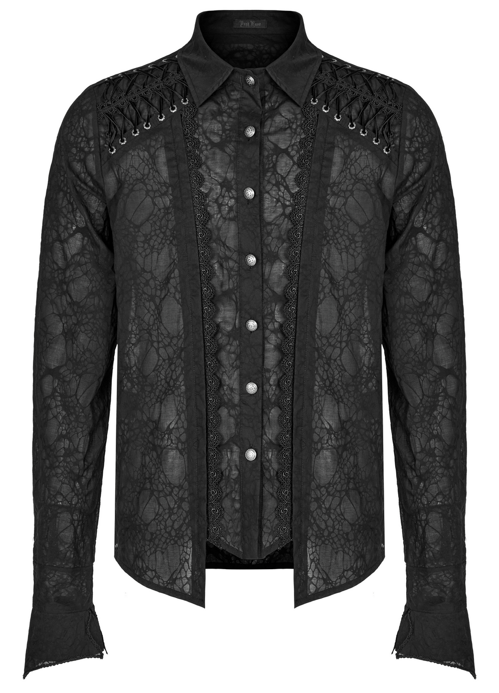 Lace-detailed gothic button-up tailored shirt with unique drawstrings and Victorian-inspired design.