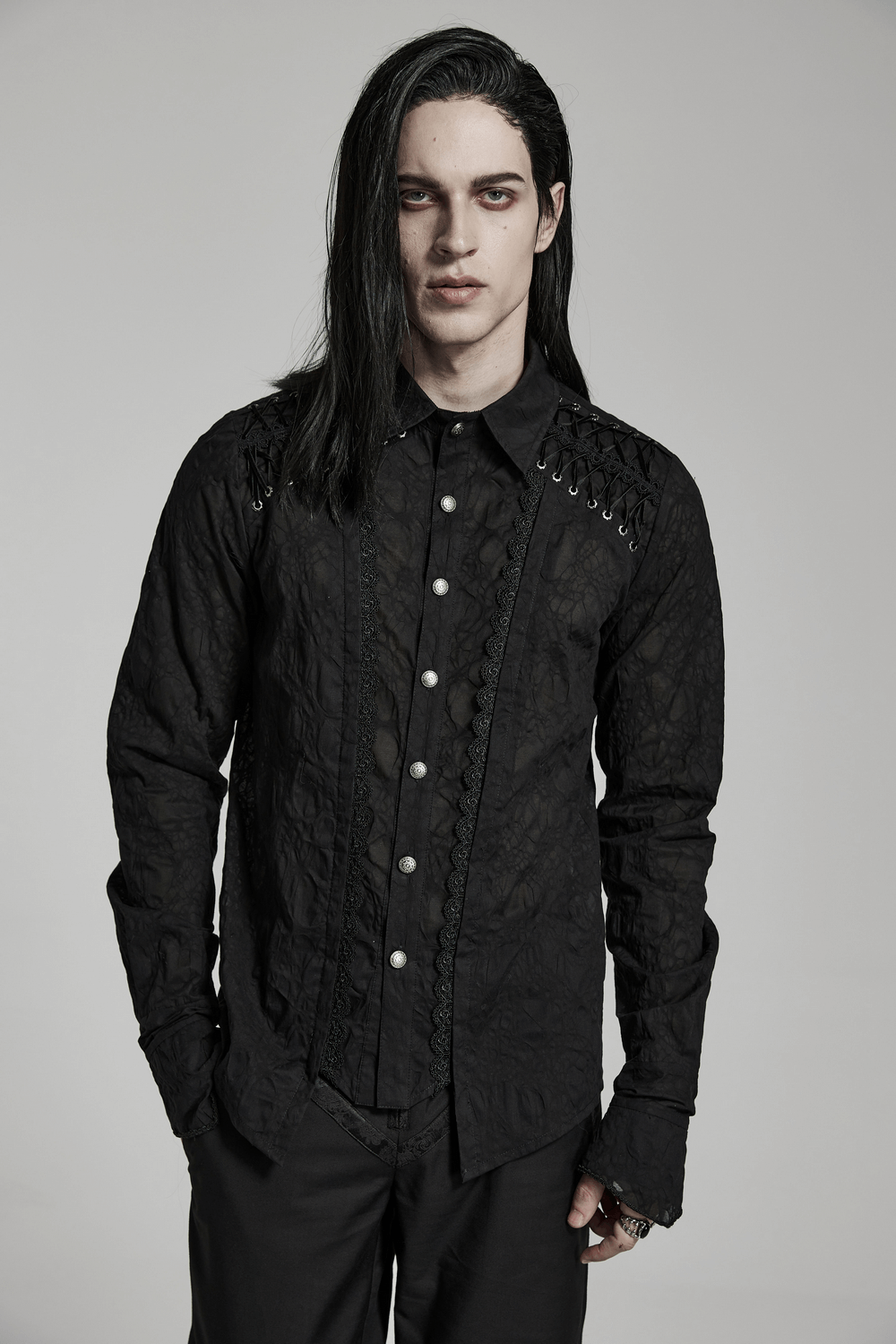Victorian-inspired gothic button-up shirt with lace detail, perfect for a stylish daily goth look.