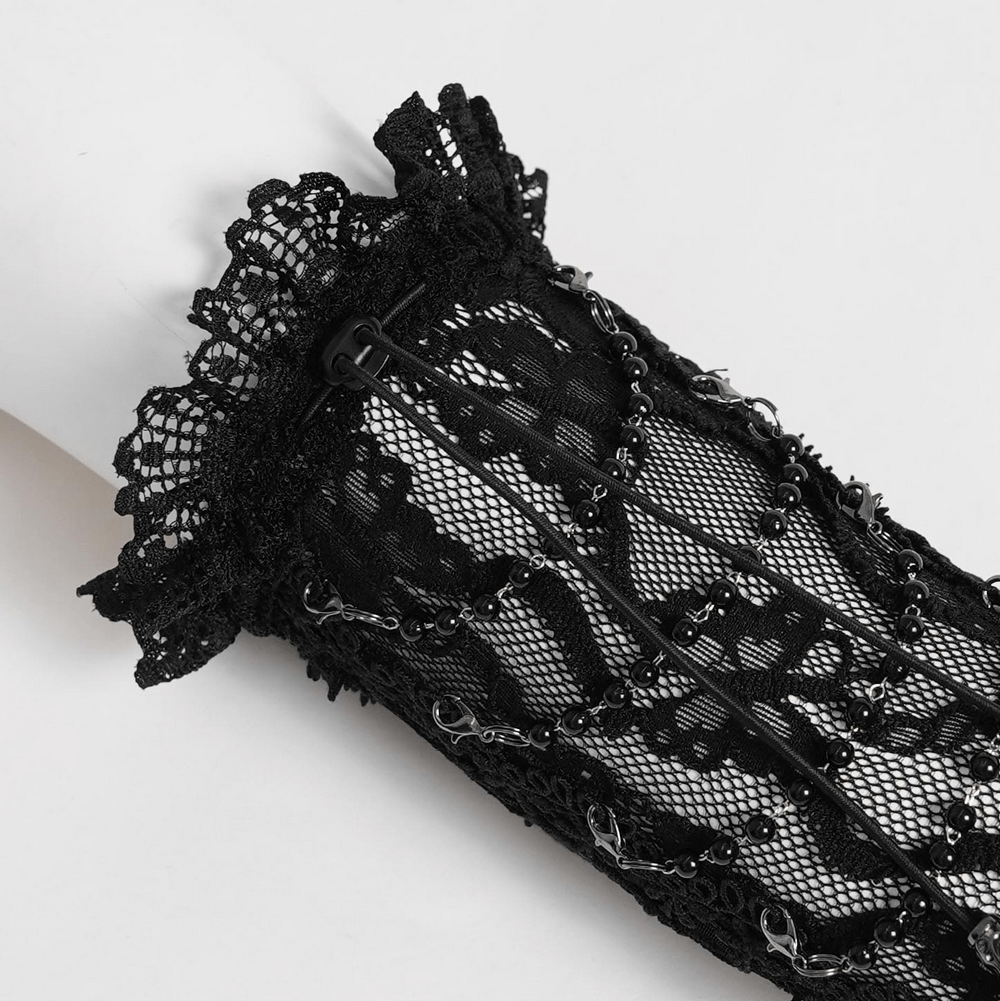 Lace Elegant Gothic High Gloves with Chain Details showcasing intricate lace and chain embellishments.