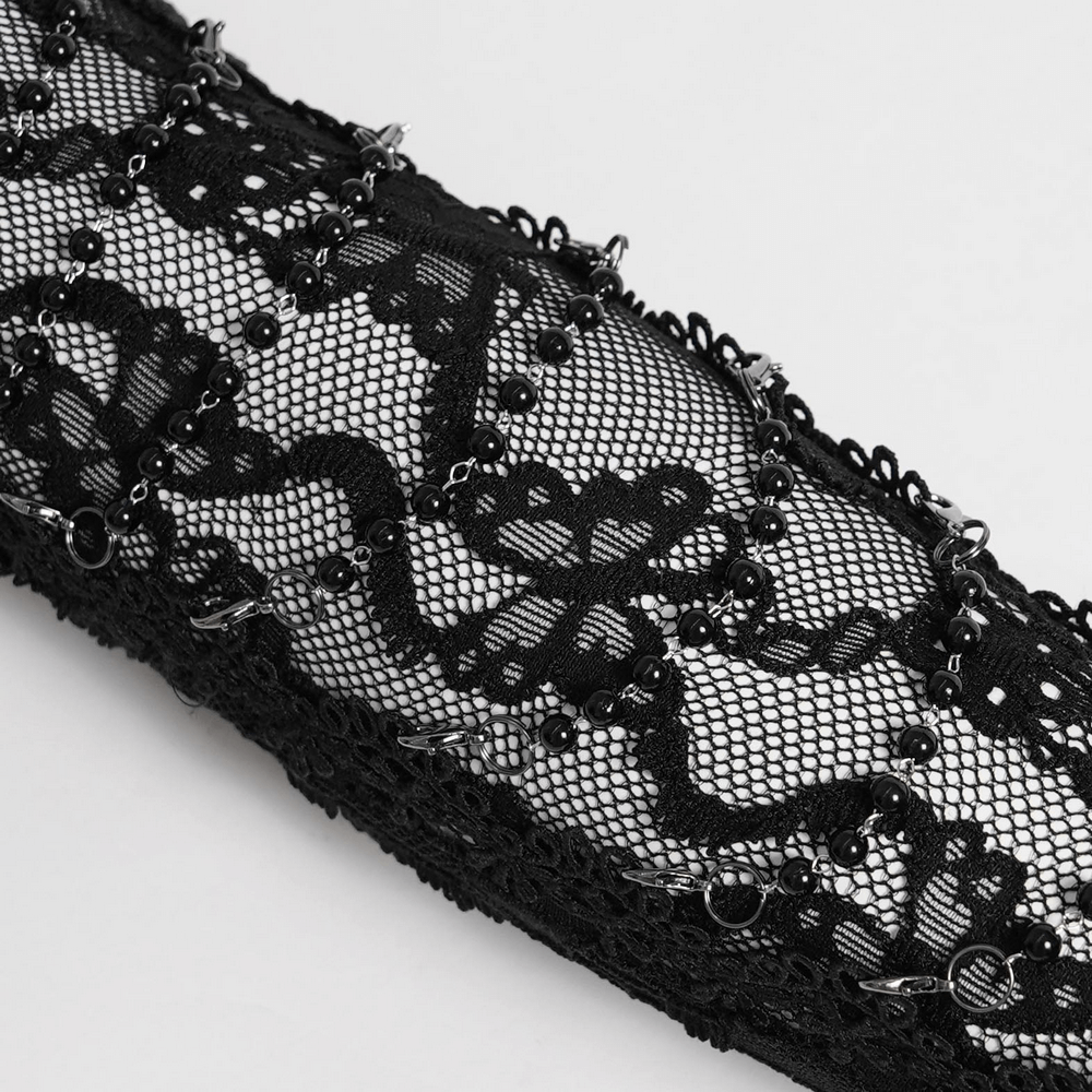 Lace Elegant Gothic High Gloves with Chain Details showcasing intricate lace and chain embellishments.
