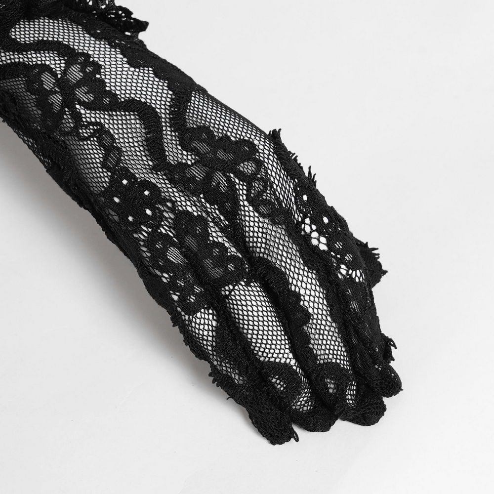 Lace Elegant Gothic High Gloves with Chain Details featuring intricate lace and chain embellishments.