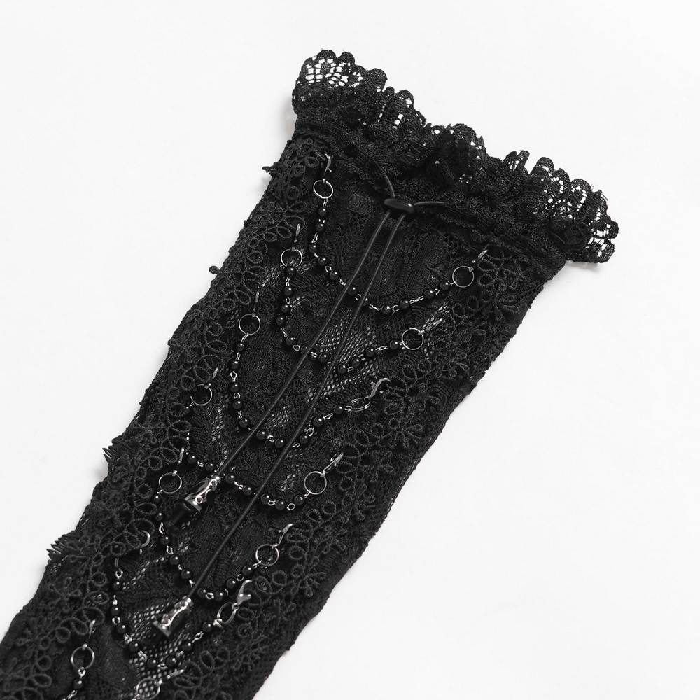 Lace Elegant Gothic High Gloves with Chain Details showcasing intricate lace and chain embellishments.