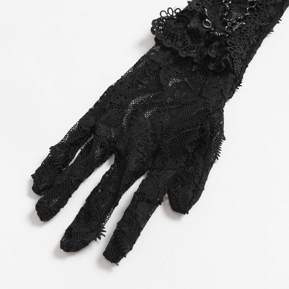 Lace Elegant Gothic High Gloves with Chain Details elegantly displayed, showcasing intricate lace and chain embellishments.