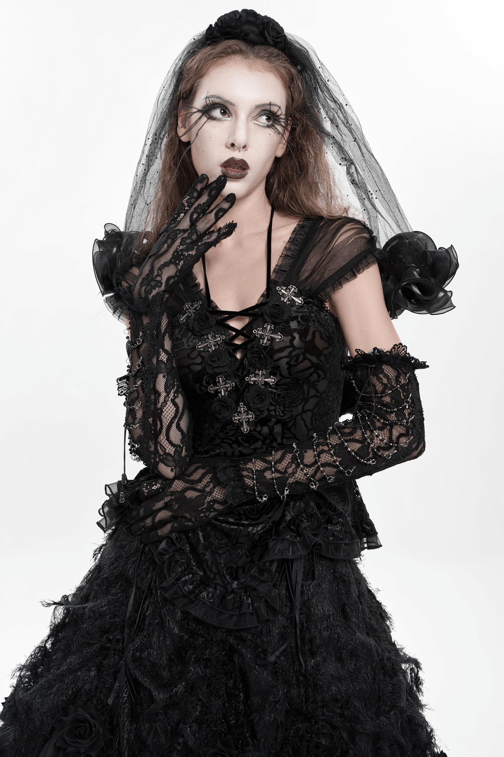 Lace Elegant Gothic High Gloves with Chain Details worn by a model in a dramatic black outfit with veil.