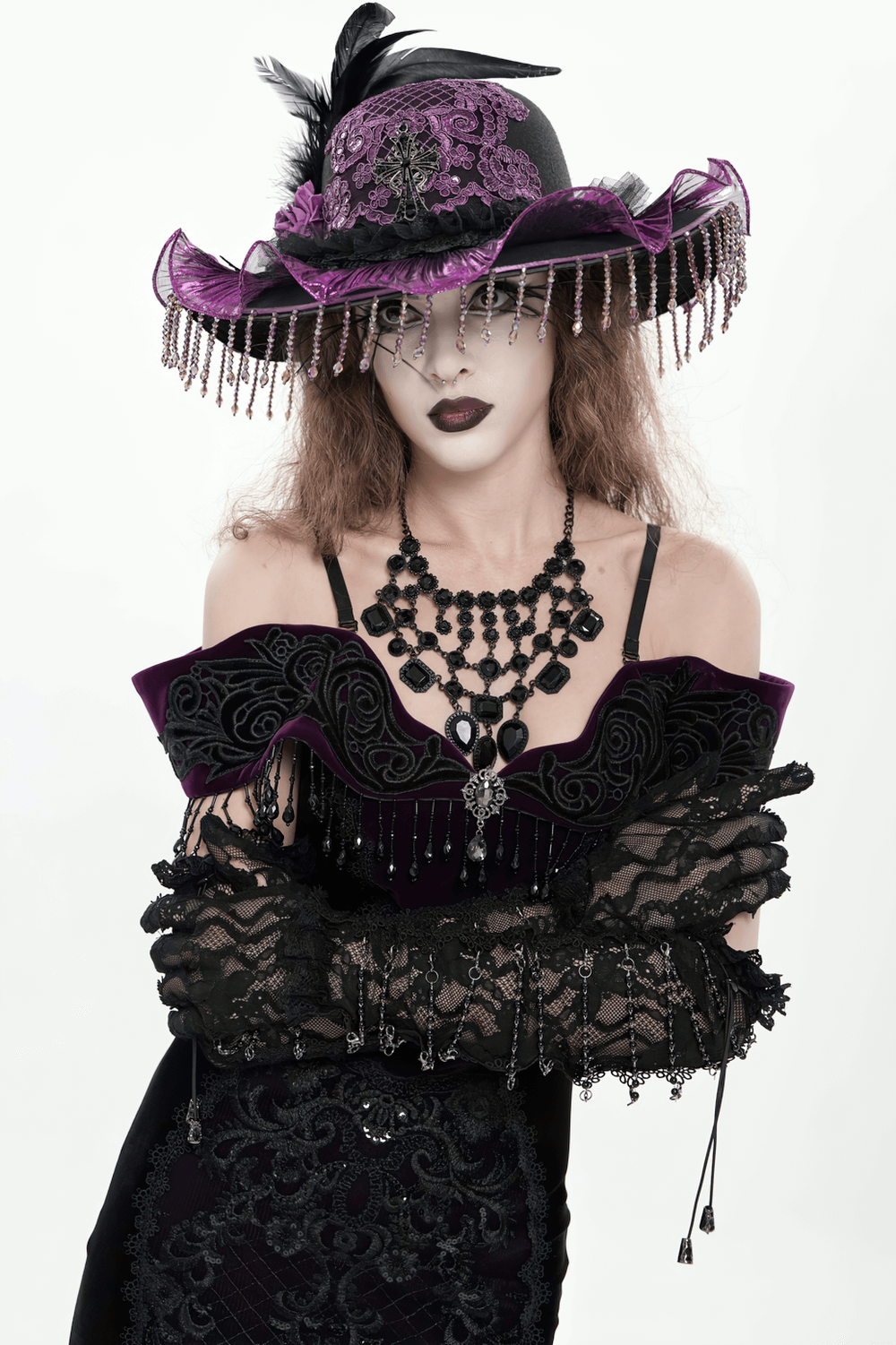 Lace Elegant Gothic High Gloves with Chain Details worn by a model in dramatic gothic attire.