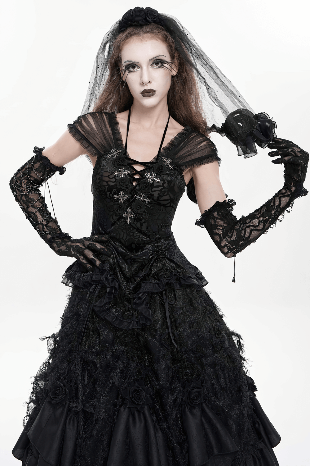 Lace Elegant Gothic High Gloves with Chain Details worn by a model in a black gothic dress and veil.