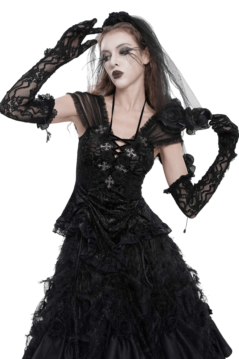Lace Elegant Gothic High Gloves with Chain Details worn by a model in a gothic dress.