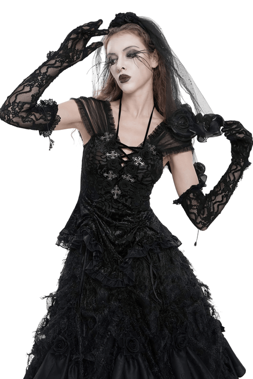 Lace Elegant Gothic High Gloves with Chain Details