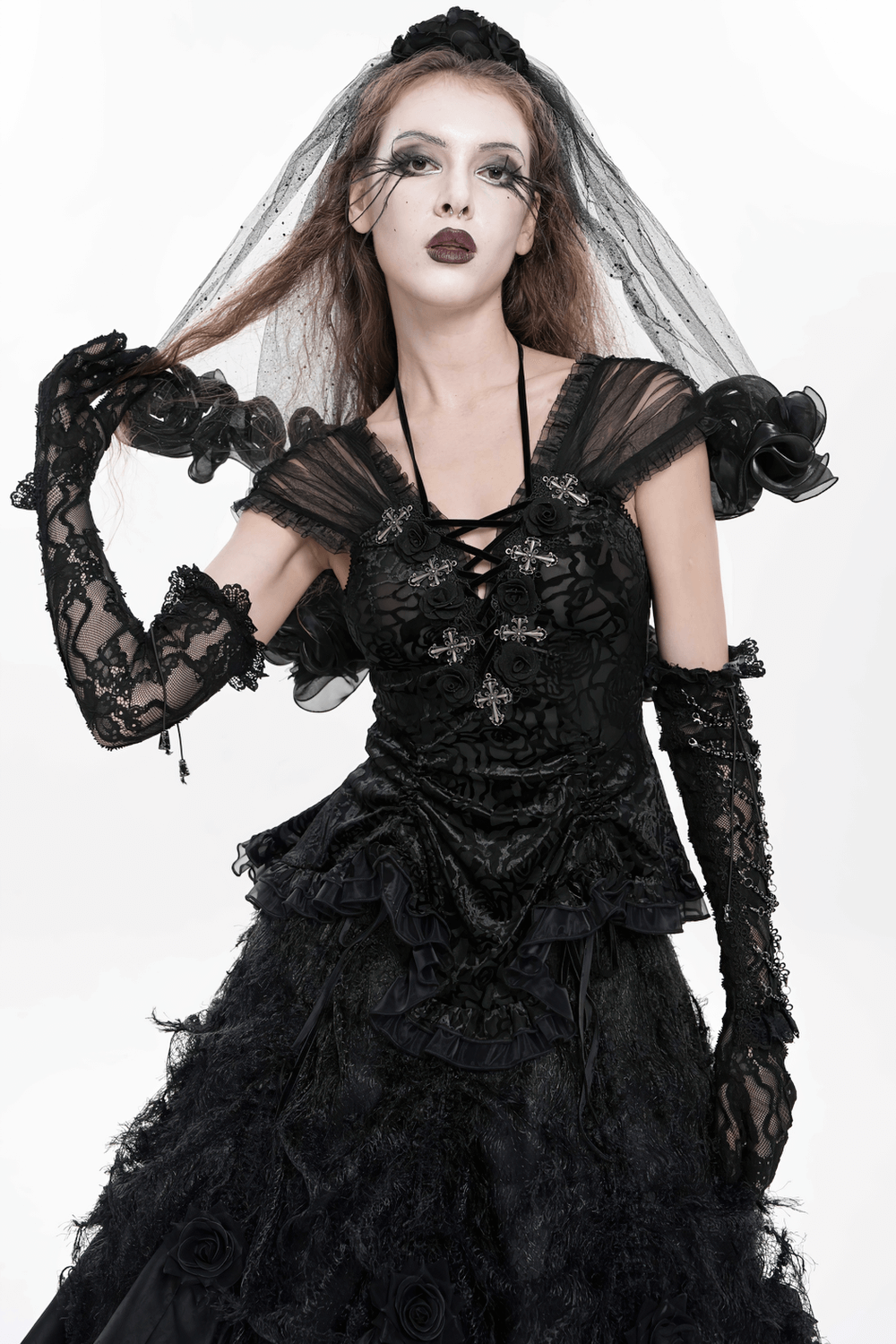 Lace Elegant Gothic High Gloves with Chain Details worn by model in black gothic dress and veil.