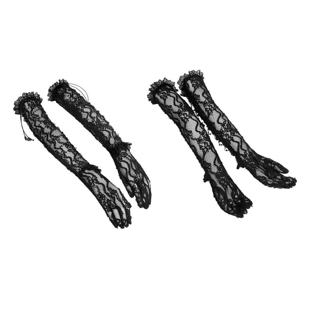 Lace Elegant Gothic High Gloves with Chain Details showcasing intricate lace detailing and elegant design.
