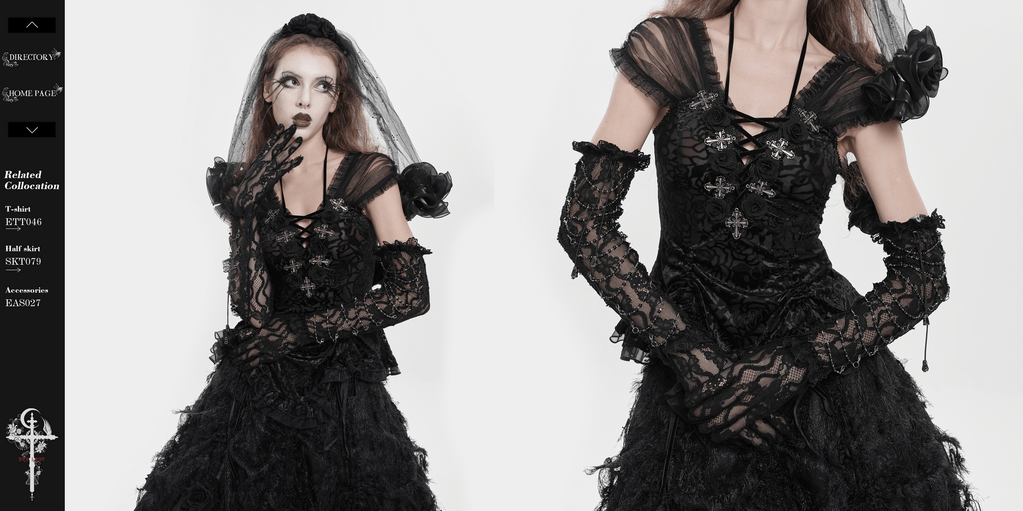 Lace Elegant Gothic High Gloves with Chain Details showcased with dramatic gothic attire, highlighting intricate lace and chain embellishments.
