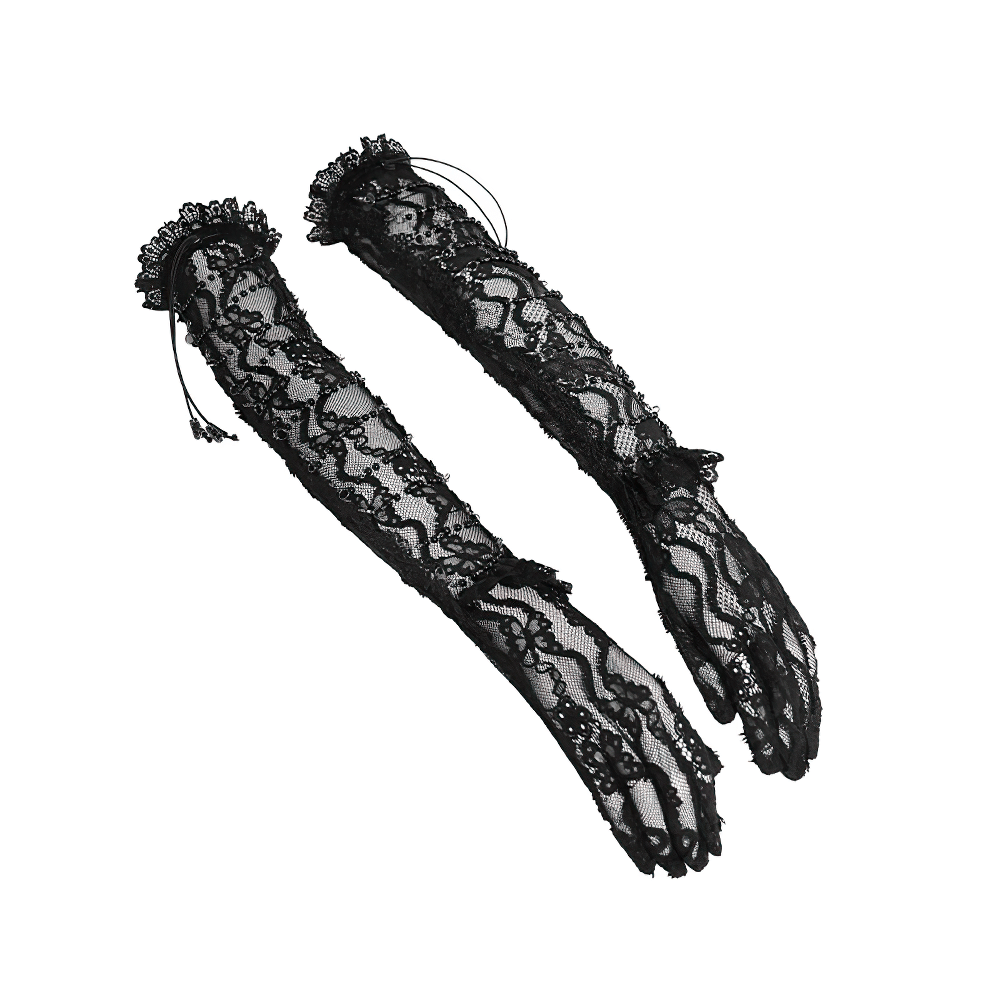 Lace Elegant Gothic High Gloves with Chain Details showcasing intricate lace and chain embellishments.
