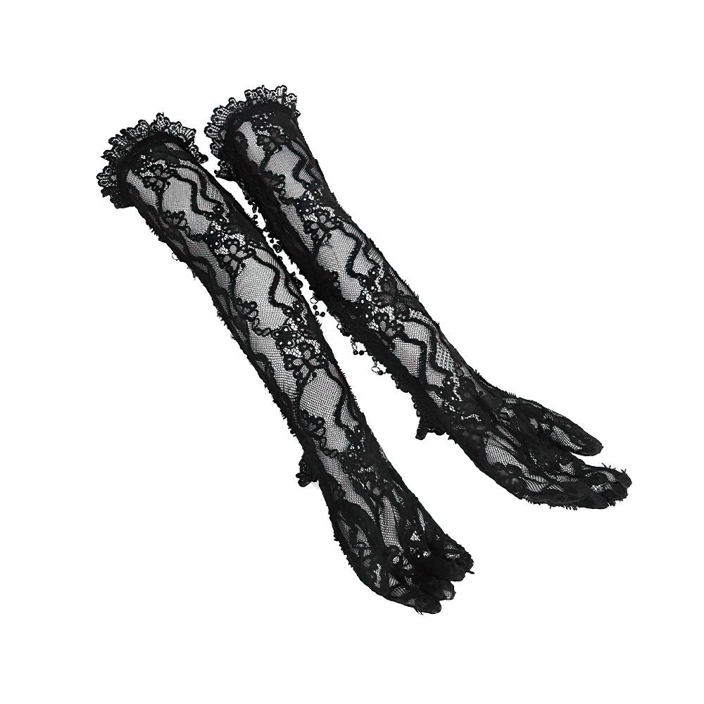 Lace Elegant Gothic High Gloves with Chain Details, featuring intricate lace and dramatic design for a gothic style.