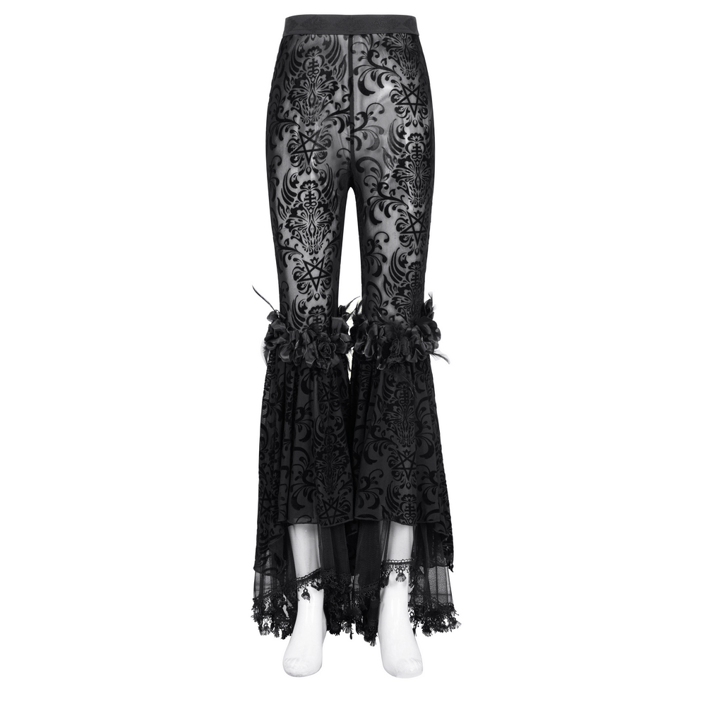 Gothic lace flare pants with velvet pattern and ruffles, perfect for festivals and night outings.