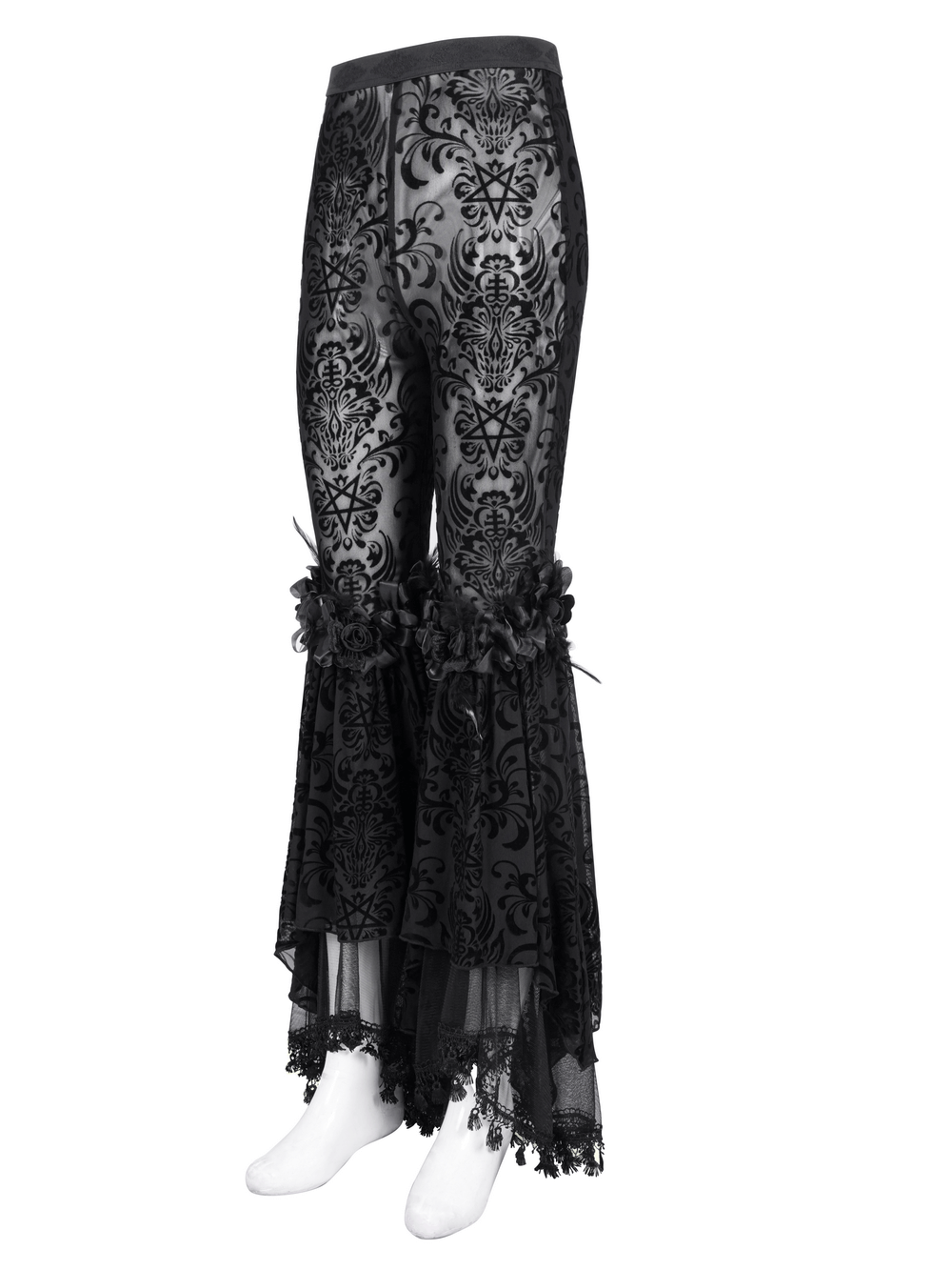 Gothic lace flare pants with velvet patterns and lace ruffles, perfect for a dramatic, elegant look.