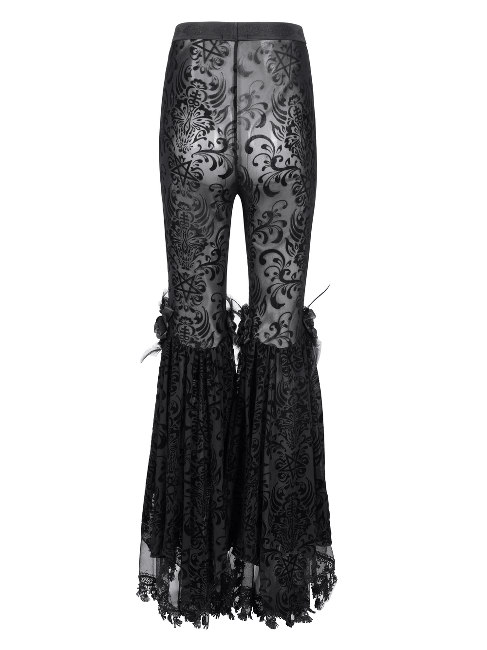 Back view of gothic lace flare pants with velvet patterns and ruffled lace detailing, exuding dark elegance.