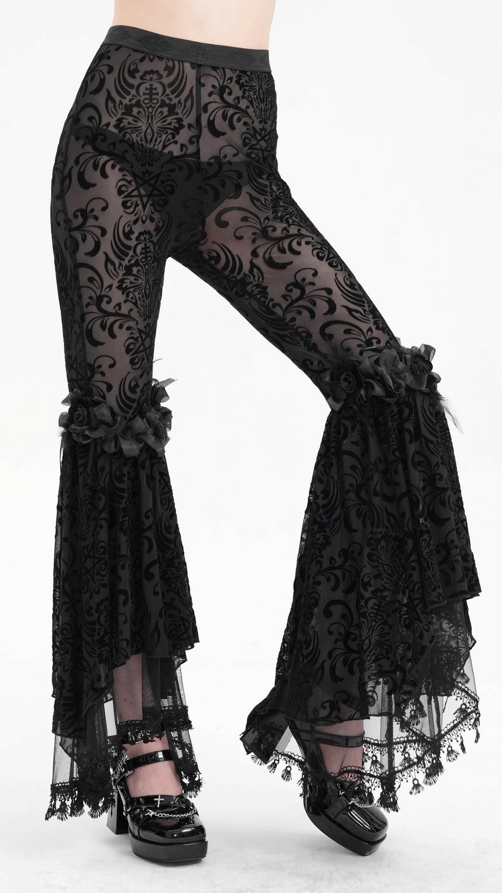 Gothic lace flare pants with velvet pattern, layered lace ruffles, elegant black design for festivals and night outs.