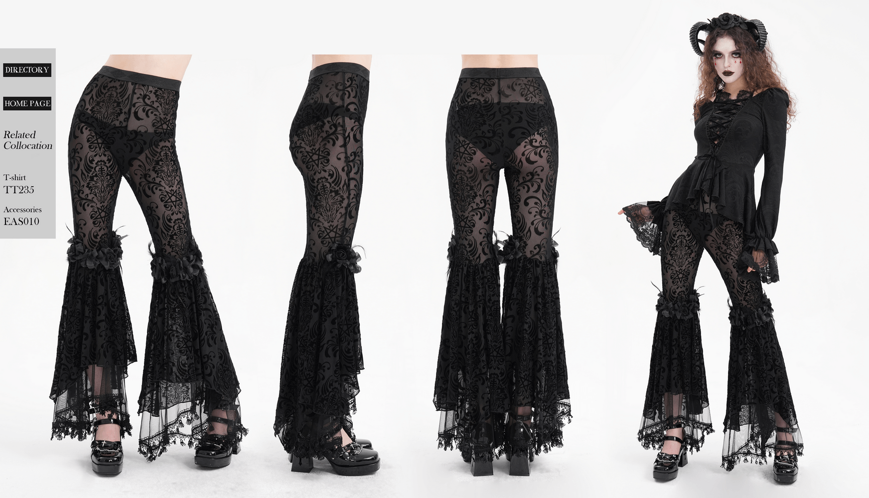 Gothic lace flare pants with velvet pattern and dramatic ruffles for a unique, edgy style.