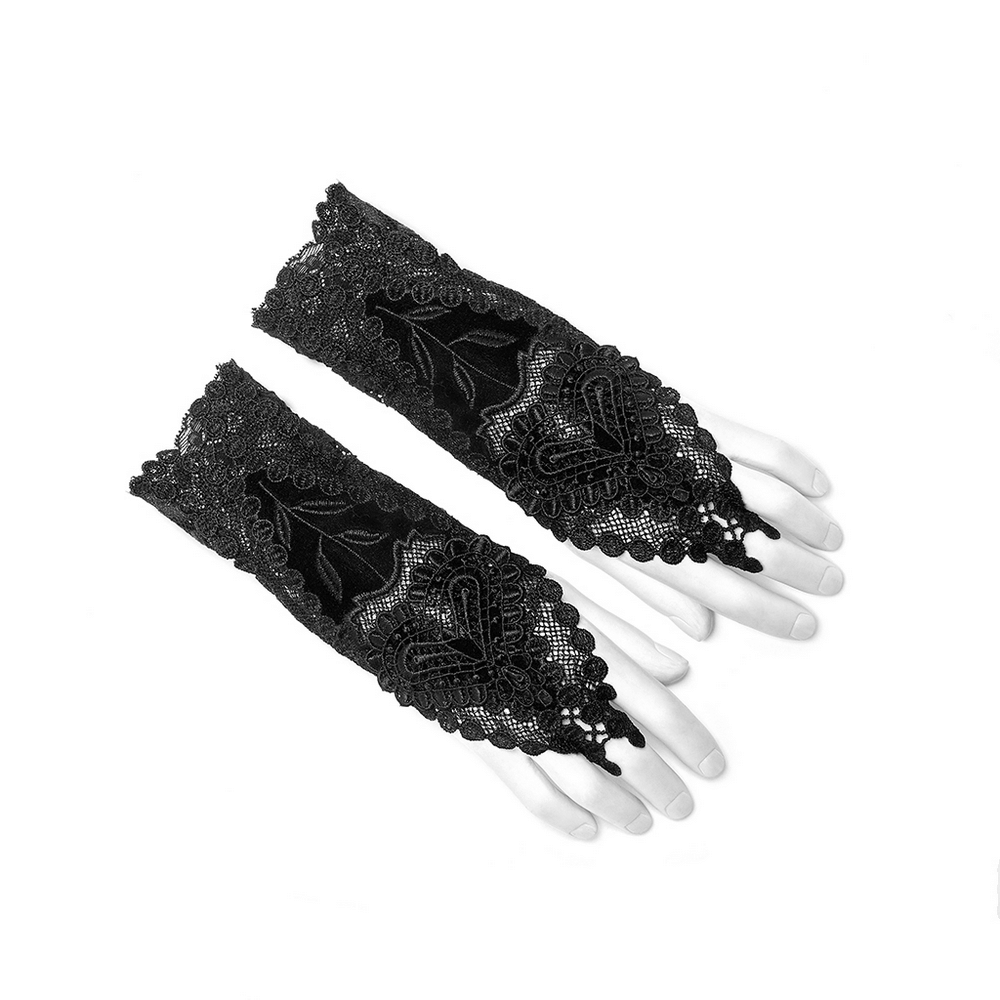 Elegant black lace floral gothic gloves featuring a heart decal, perfect for dark romance outfits.