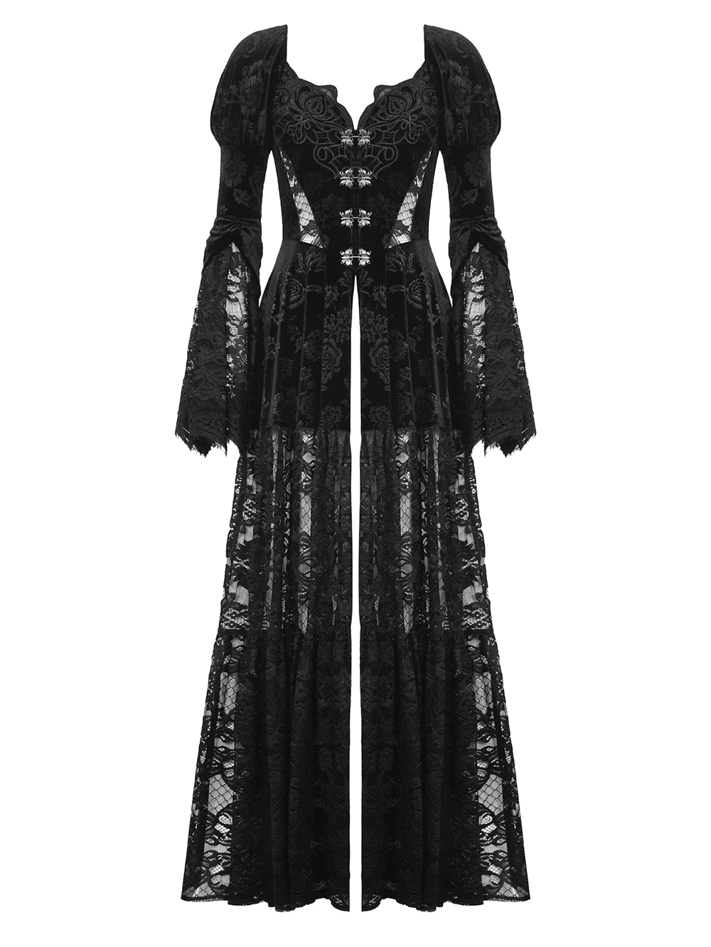 Elegant black lace gothic evening cape with floral accents and long sleeves, perfect for formal events.