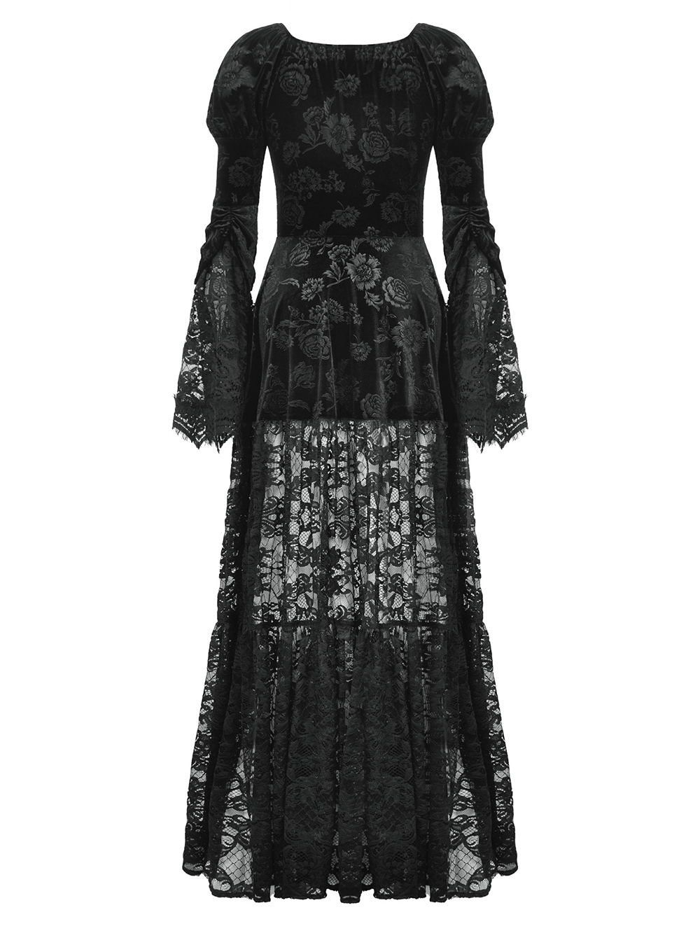 Back view of a black lace gothic evening cape with floral accents and long sleeves, perfect for formal events.