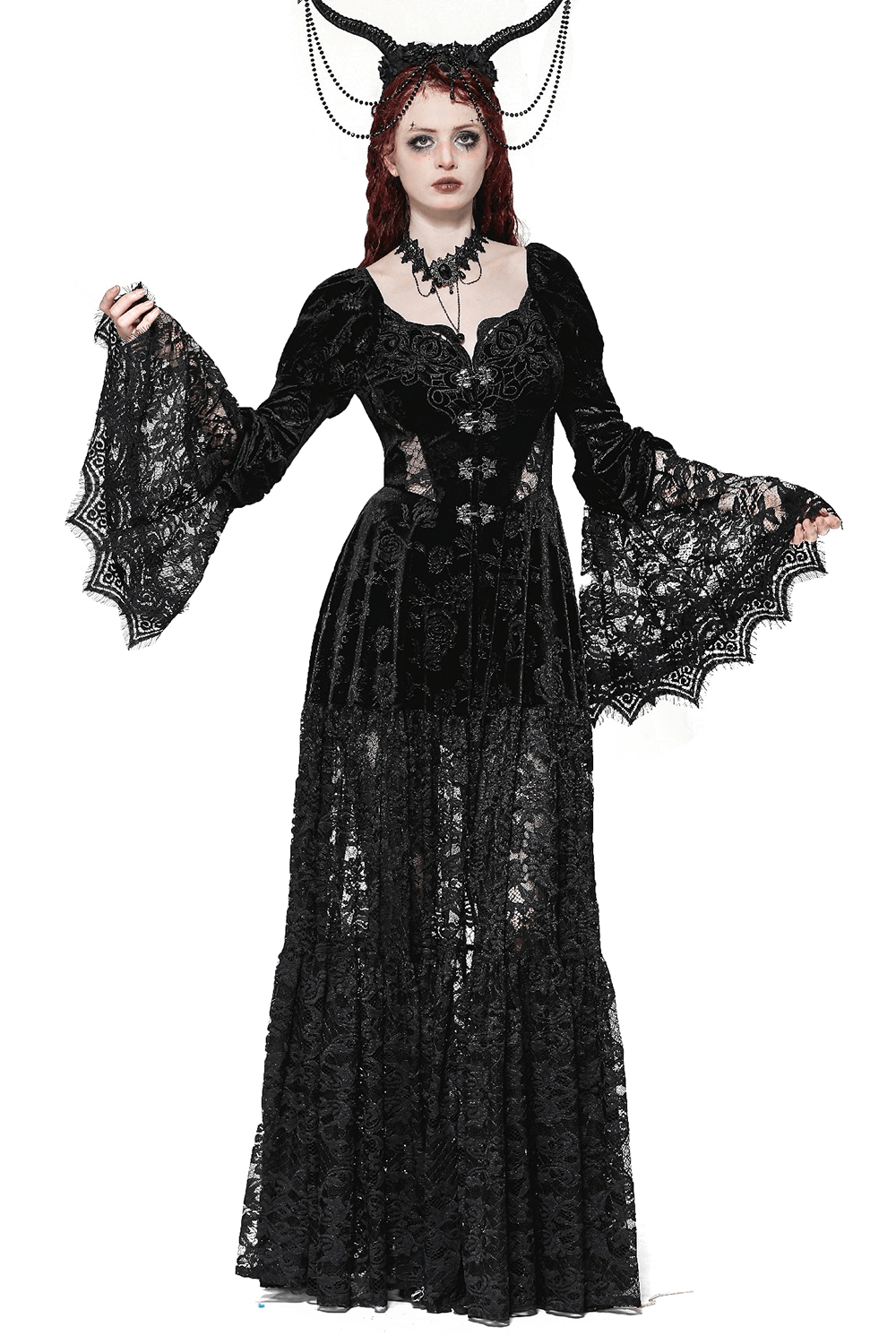 Elegant black lace gothic cape with floral accents, perfect for Victorian-inspired formal events.