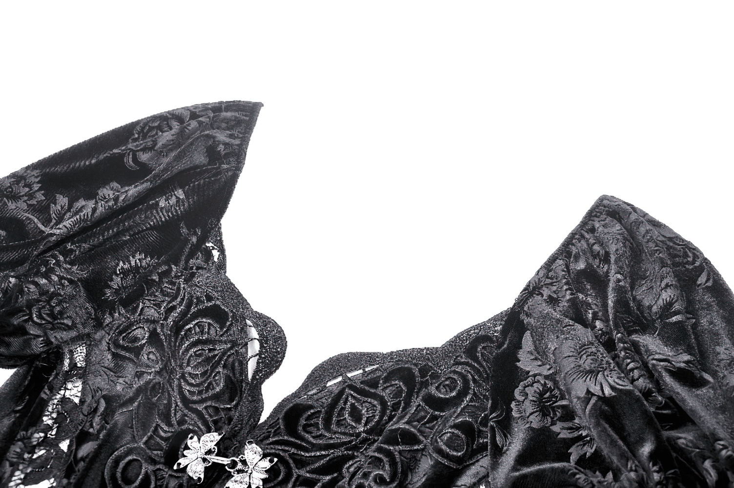 Elegant black lace cape with intricate floral patterns and gemstone details, perfect for gothic evening wear.