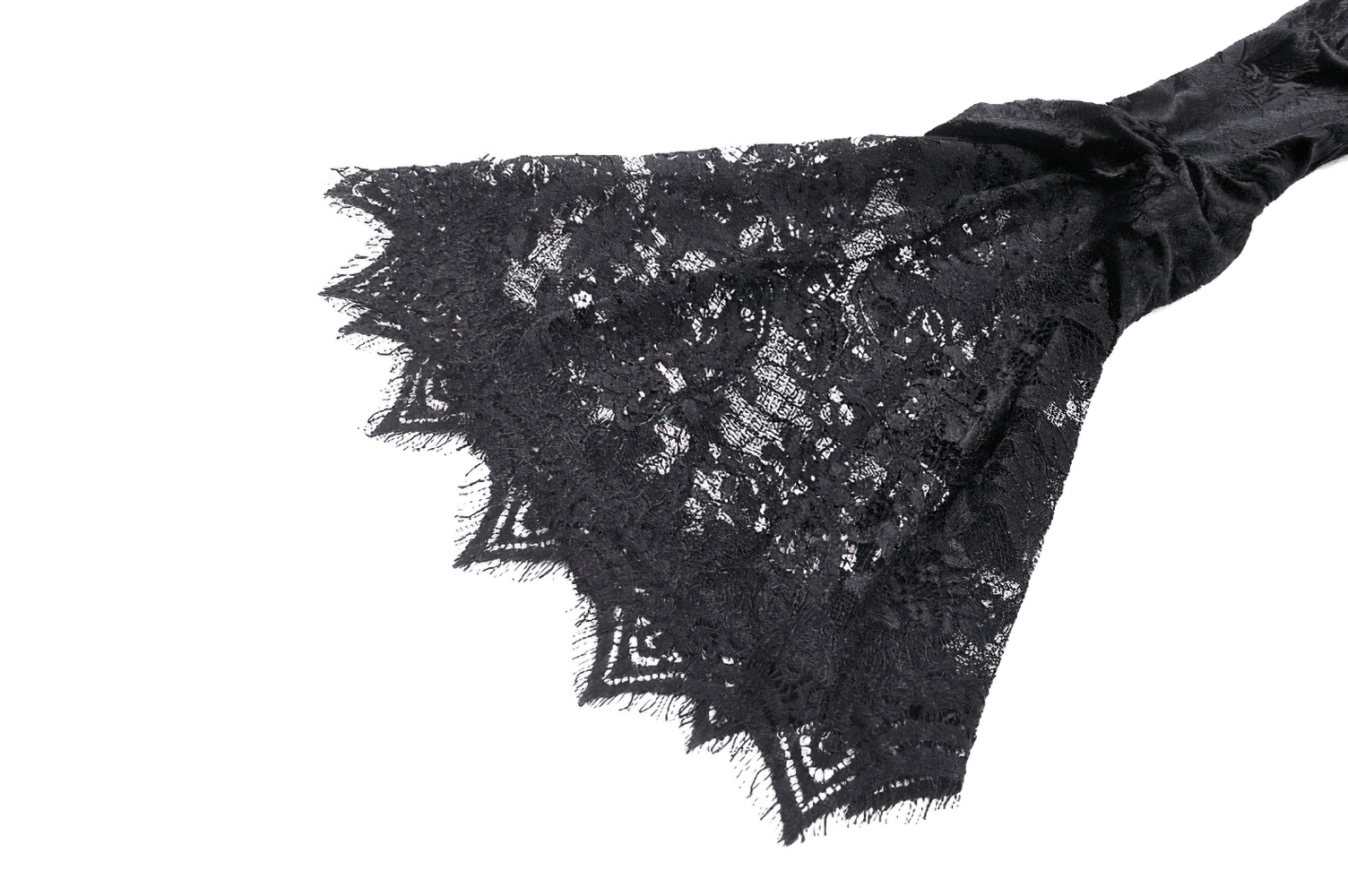 Elegant black lace sleeve detail from a Gothic evening cape with floral accents for formal events.